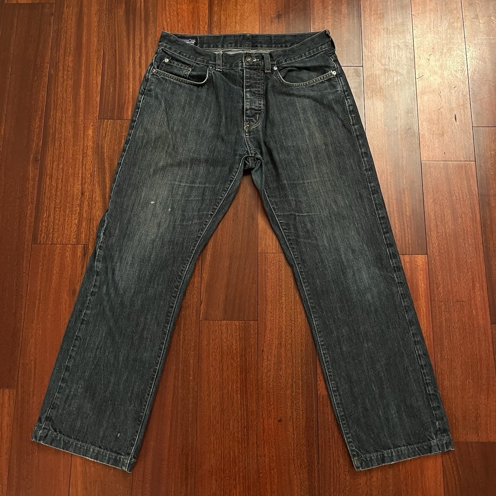 Patagonia Jeans Men 32x28 Blue Iron Clad Straight Stretch Dark Wash Button Fly